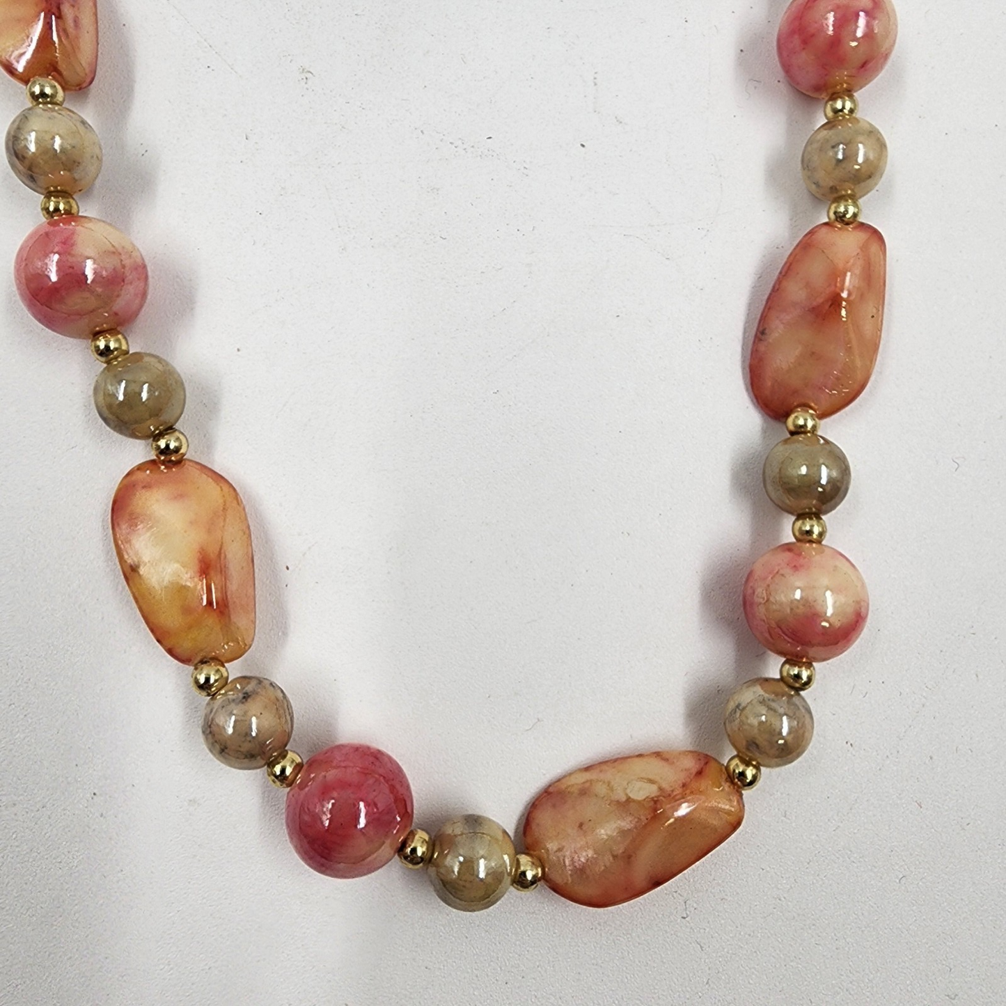 Shiny Pink Orange Peach Tone Faux Pearl Bead Acrylic Long Statement Necklace 14"