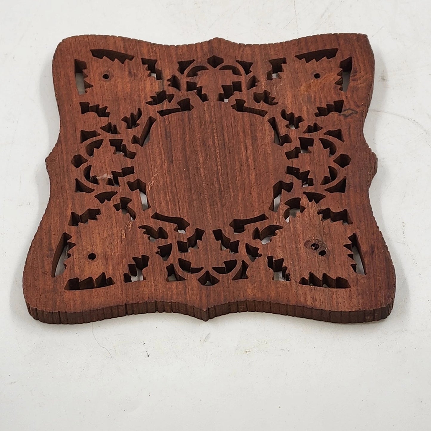 2 Hand Carved Wood Trivets 8" Gold Inlay Floral Leaf Design Scrolled Sides India