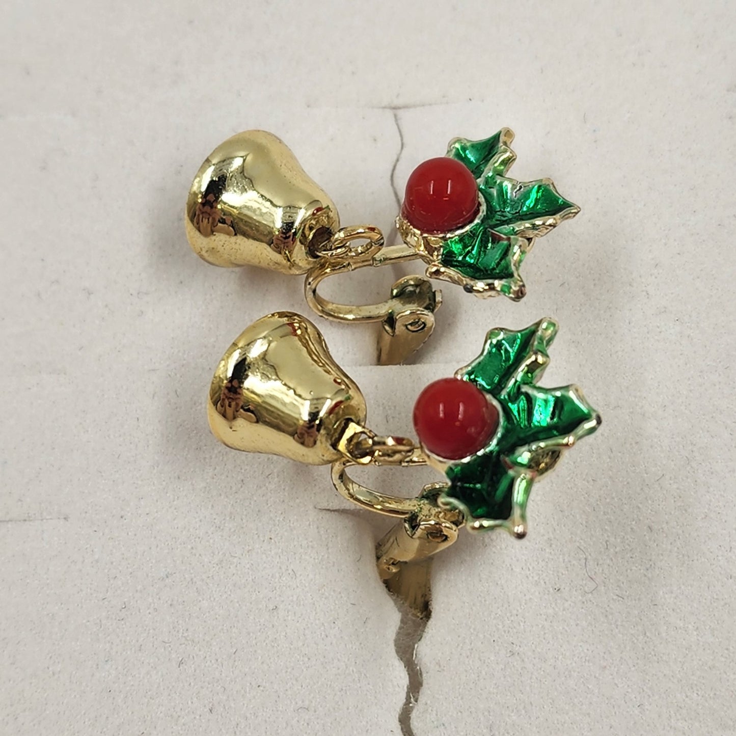 Gold Tone Holly & Bell Clip Earrings Vintage Christmas Fashion Jewelry 0.75"