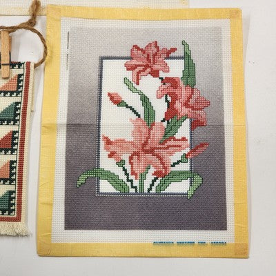 Lot of 3 Finished Aida Cloth Cross Stitch Pieces Precious Moments Floral Geo