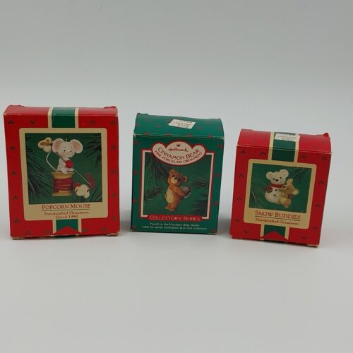 3 Hallmark Keepsake 1986 Ornaments CINNAMON BEAR Snow Buddies POPCORN MOUSE