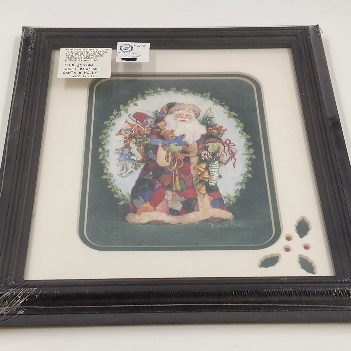 Patchwork Santa with Holly Art Print 8x10" by Barbara Mock Matted & Framed NOS