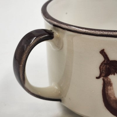 Ceramic Stoneware Cream & Brown w Stylized Vegetable Design Soup Mug Japan 16oz