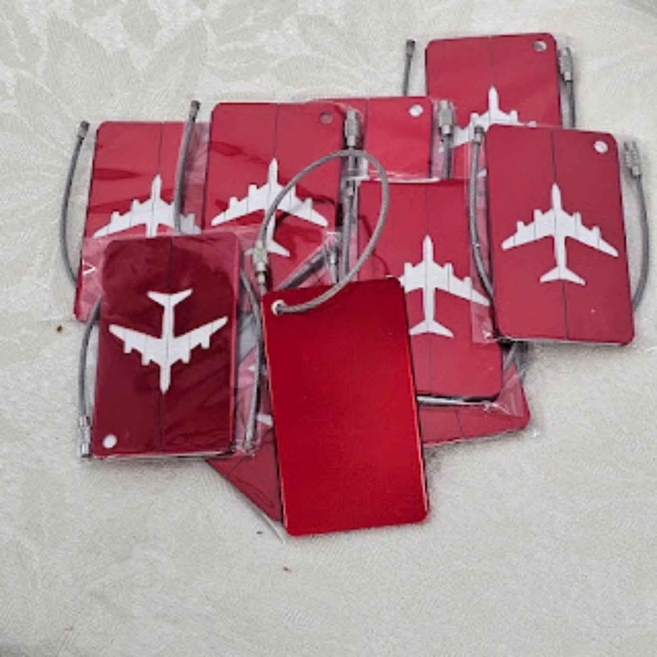 Red Metal 10 Pack Traveler Aluminum Luggage Tags Airplane 3" Cable Loop Lock NOS