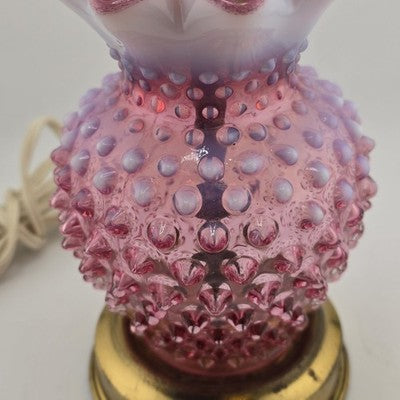Table Lamp 9" Fenton Cranberry Opalescent Hobnail Ruffled Brass Base NO SHADE