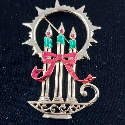 JJ Jonette Christmas Brooch Gold Tone Enamel Three Candles Pin Holiday Jewelry
