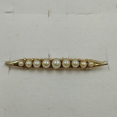 Gold Tone Bar Shaped White Faux Pearl Lapel Pin Brooch 2"Roll over Clasp