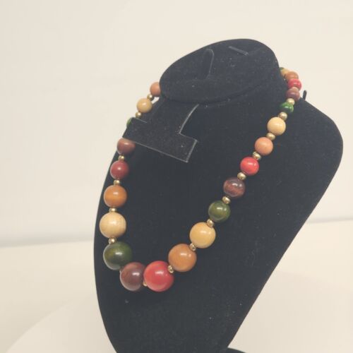 Multicolor Wood Bead Necklace Gold Tone Accents 16" Strand Spring Ring Clasp Vtg
