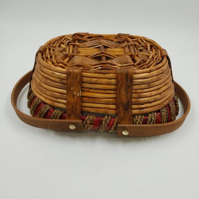 Wood Rattan Picnic Fruit Basket Swivel Handle Woven Red Rim 11x8.5"