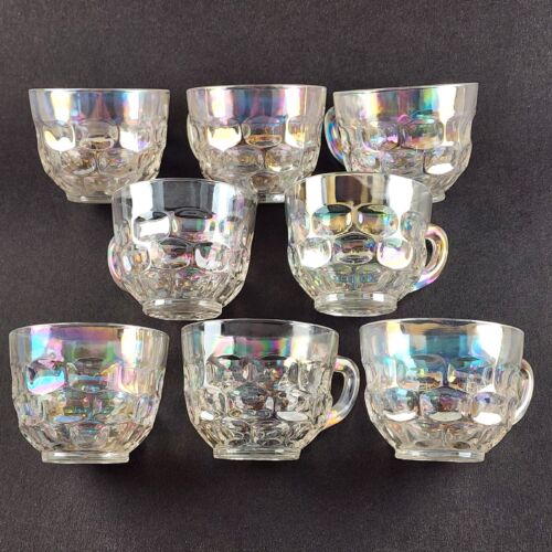 Eight Federal Yorktown Thumbprint Clear Iridescent Glass Vintage Punch Cups 3"