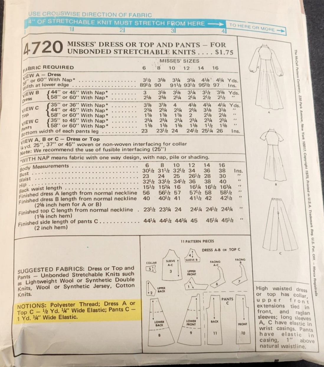 McCall's 4720 Vintage Sewing Pattern Misses Dress Or Top & Pants 6 8 10 12 14 16