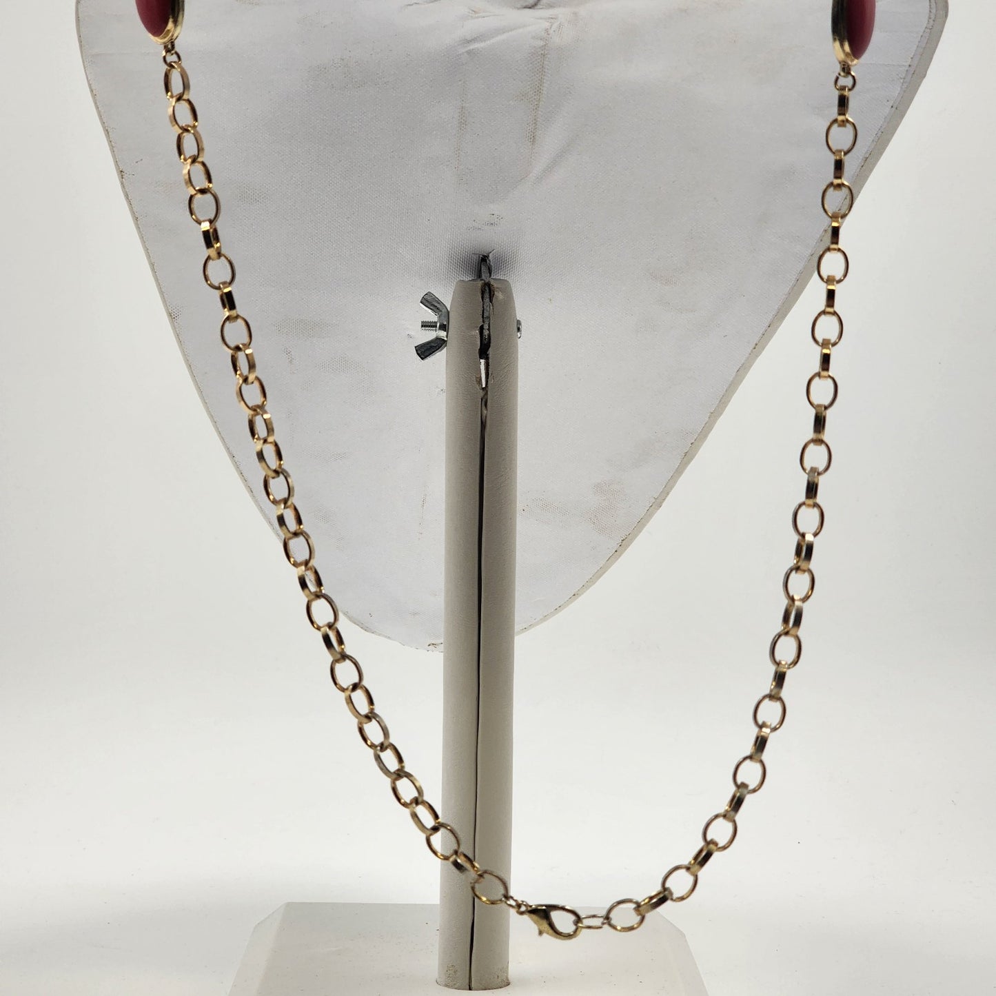Gold Tone Chain Necklace Peach Color Round Oval & Rectangle Stone Inserts 18”