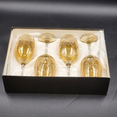 4 Etched 16oz Goblet Wine Glass 10" Cristelleria Fratelli Fumo Iridescent Amber