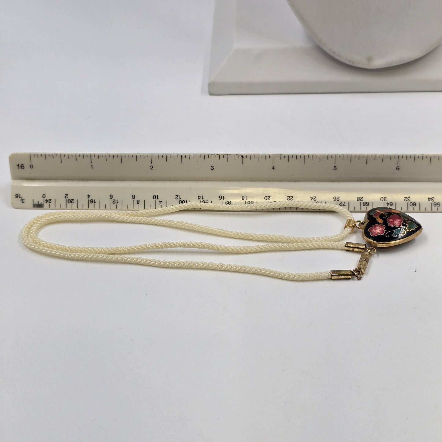 Necklace w/ Double Sided Puffy Heart Cloisonne Pendant in White Corded Chain 12"