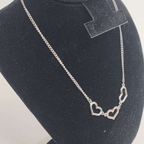Three Heart Silver Tone Necklace 16" Pink Glitter Center Lobster Clasp Jewelry