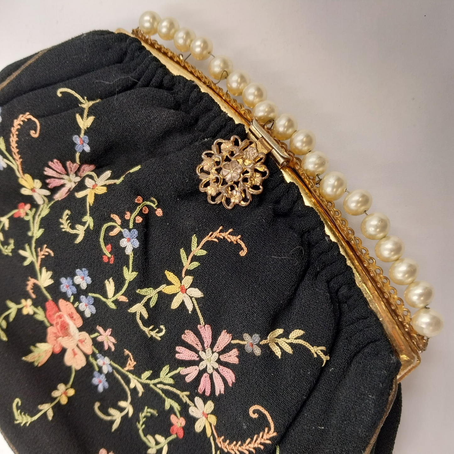 Black French Evening Clutch Bag Wrist Strap French Knot Embroidered Pearls 1930s