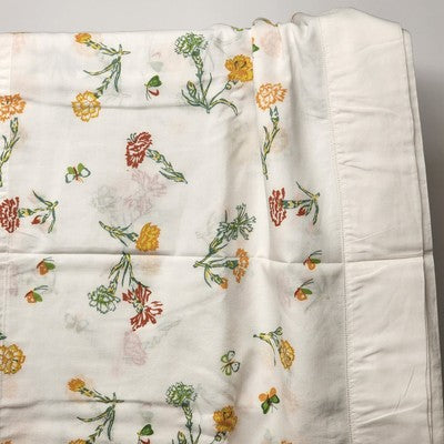 White Twin Size Flat Top Sheet Coverlet Red Yellow Floral & Butterflies Motif