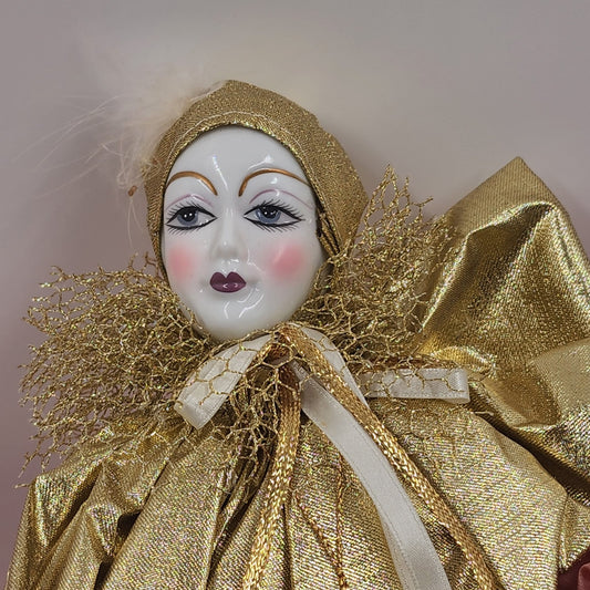 Brinn's Harlequin Porcelain Doll Mardi Gras Clown Mauve & Gold 17" 1991 COA VTG