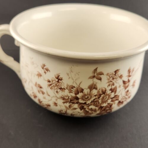 JHW & Sons Semi Porcelain Pottery Chamber Pot Brown Flowers Hanley England 9"x5"