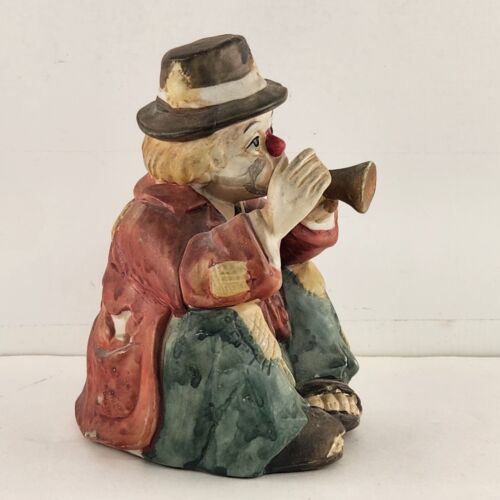 Sun Saint Porcelain Hobo Clown w Horn Music Box 6.5" Taiwan Plays Barrel of Fun