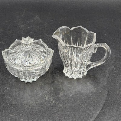 Gorham Crystal Lotus Pattern Creamer & Sugar Bowl with Lid Vtg Glass Set Germany