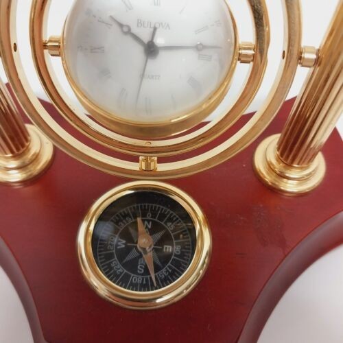 Bulova Wrexham Sphere Clock Gyroscope w Crystal Globe & Compass Wood Brass Frame