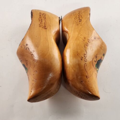 Pair Wooden Shoes Wall Hanging Small Dutch Holland Carved Planters 2 Pc 1960s