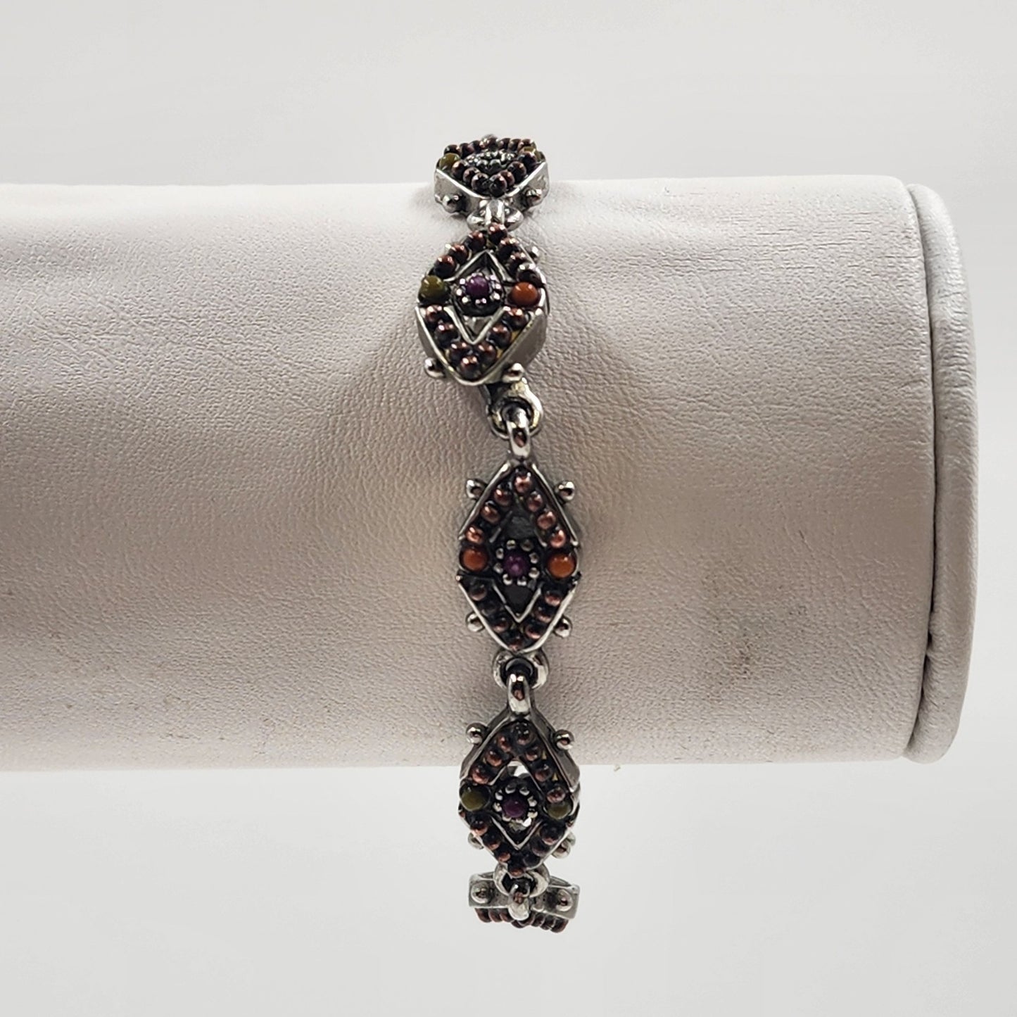 Diamond Chain w/ Orange Brown Beaded Quartz Silver Tone Magnetic Bracelet 7"