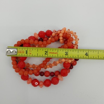 Set of 4 Bracelets in Faux Pearl Acrylic Beaded Orange and Red Tone Stretch 7"
