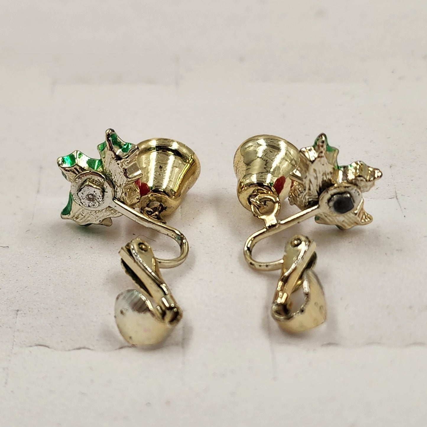 Gold Tone Holly & Bell Clip Earrings Vintage Christmas Fashion Jewelry 0.75"