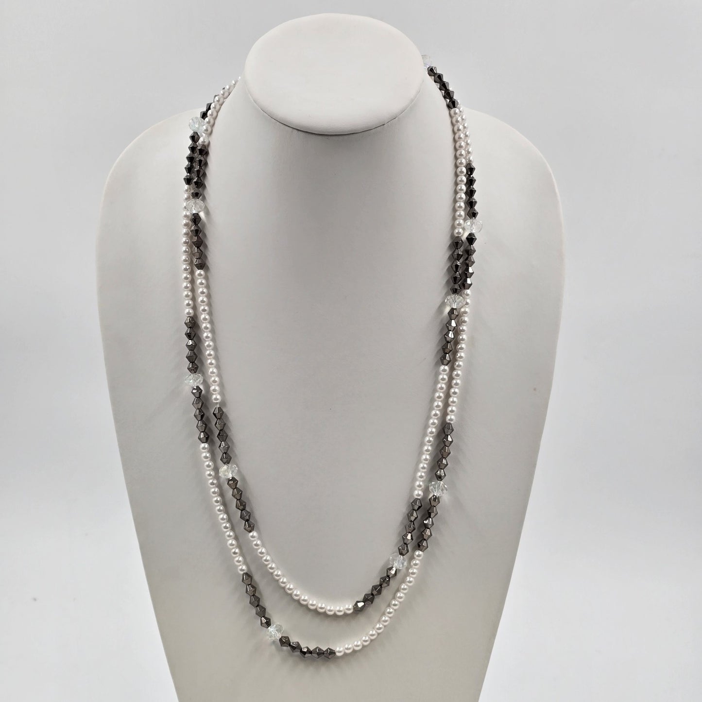 Double Strand Bicolor Long Necklace in Faux Pearl Amethyst Beaded 29"