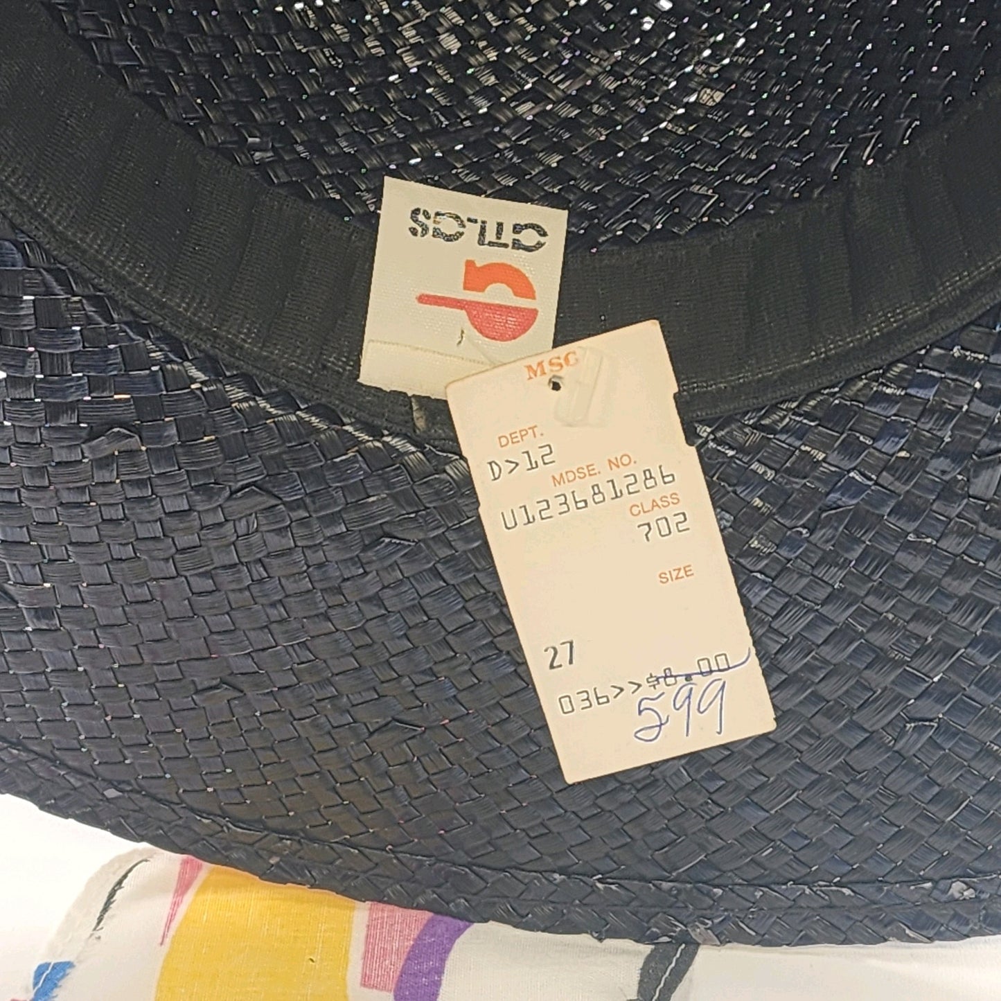 Women's Straw Sun Hat Wide Brim Black Colorful Bandana Cherry Band Medium NOS