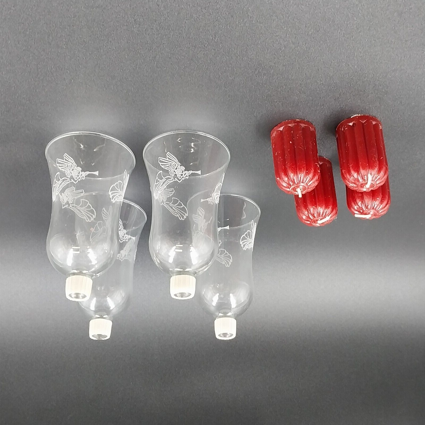 4 Home Interiors 5428 Embossed Angel Votive Cup 5"h Grommets Red Candle Vtg NOS