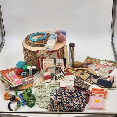 Wood & Wicker Harvey Round Sewing Basket with Miscellaneous Sewing Items Vintage