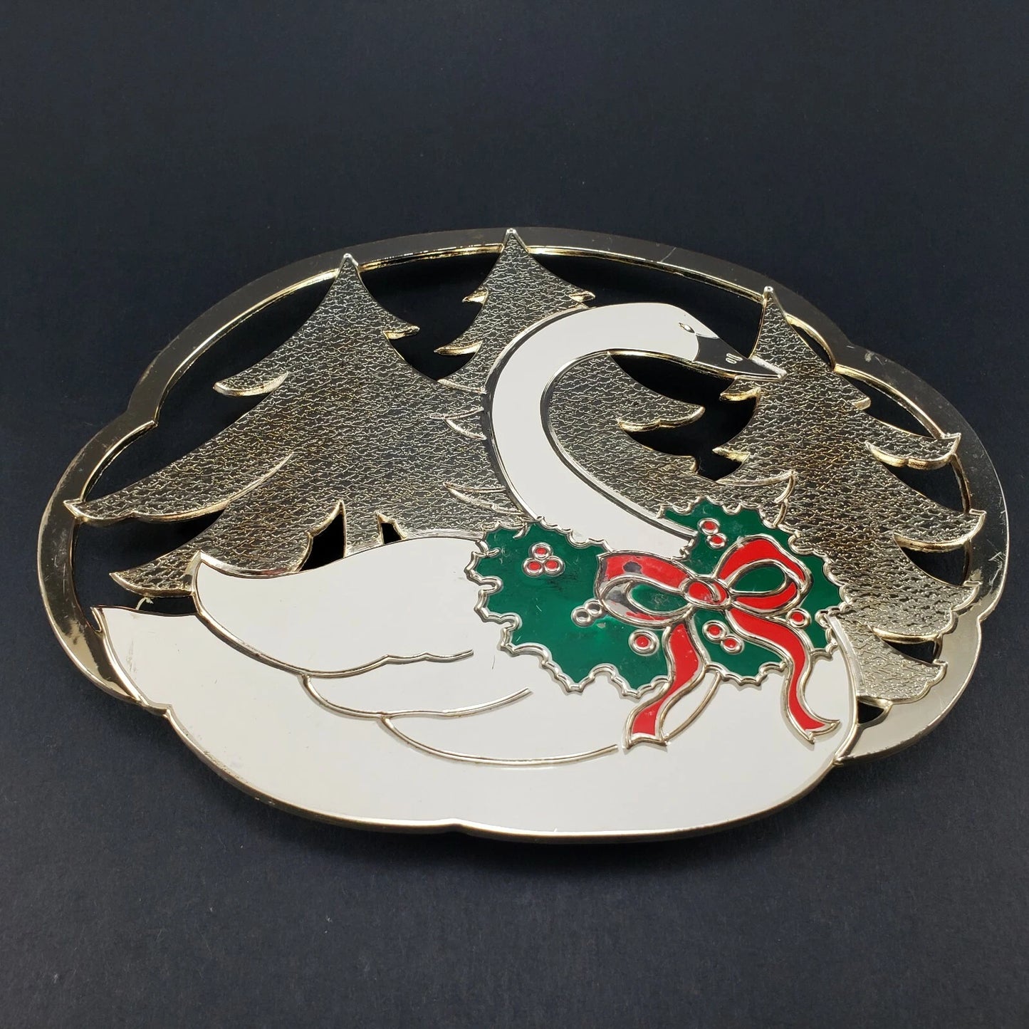 Oneida Silverplate Enamel Swan Trivet Wm A Rogers 1987 Christmas Tree Japan