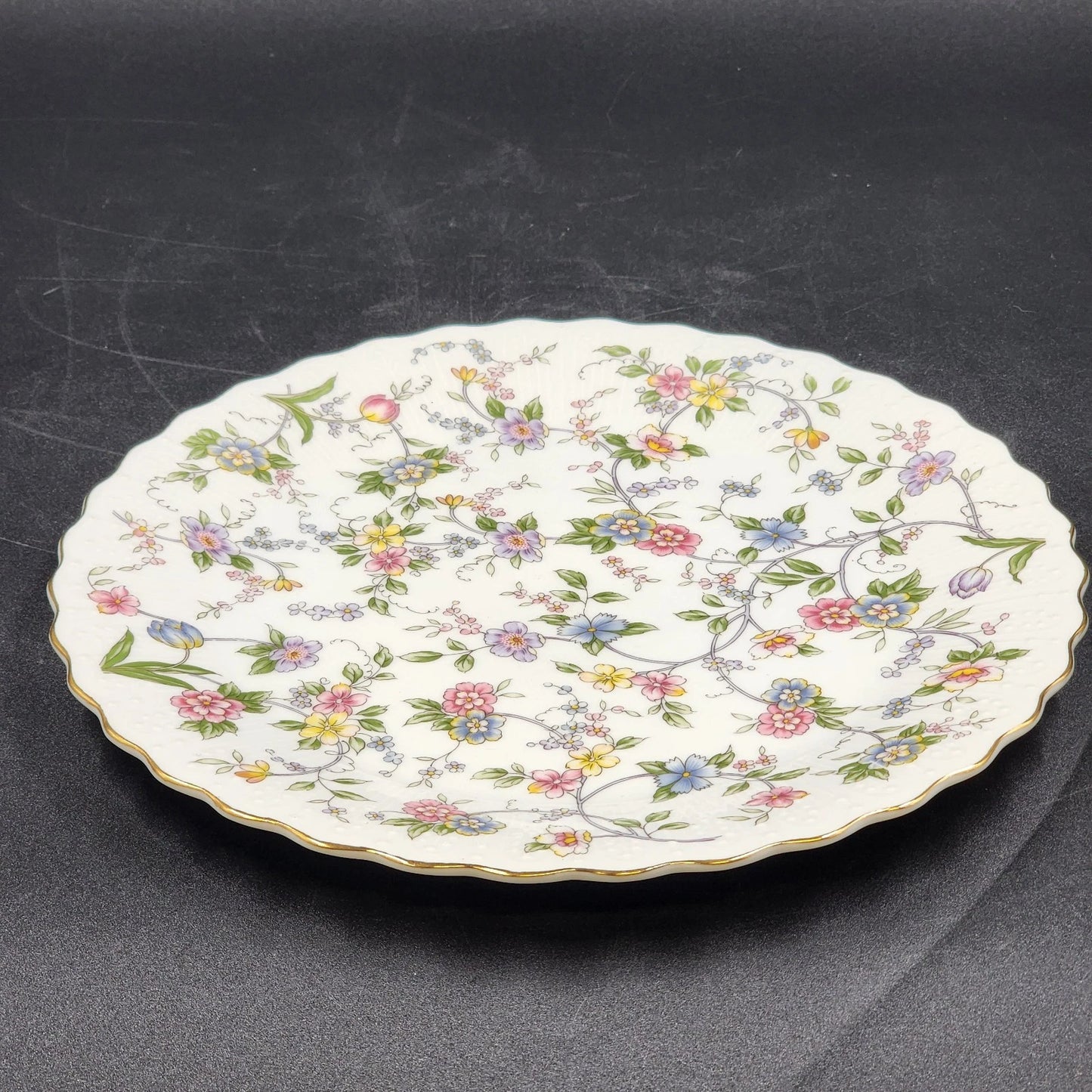 Andrea by Sadek Cake Platter Corona Floral Gold Trim Scalloped Edge 10.5"