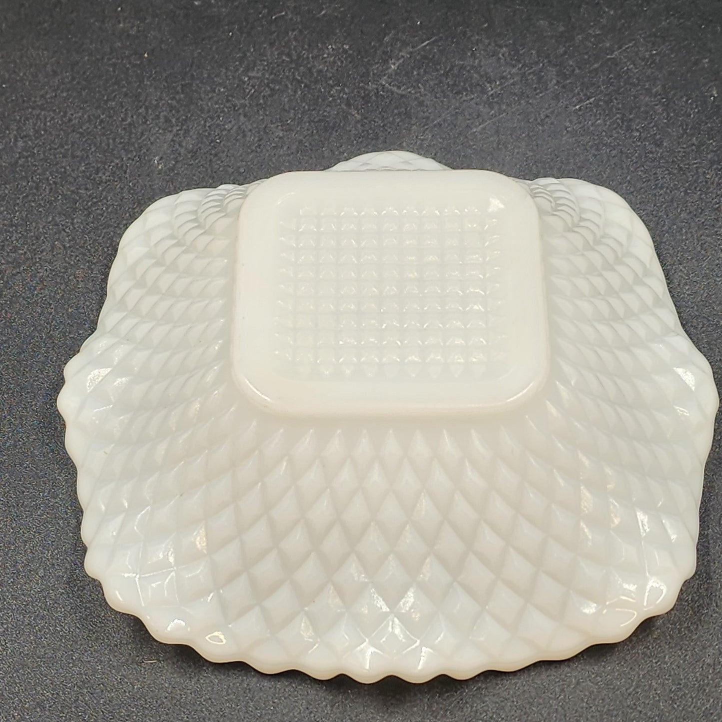 Hazel Atlas Milk Glass Candy Trinket Dish Diamond Point Square Ruffled MCM Vtg