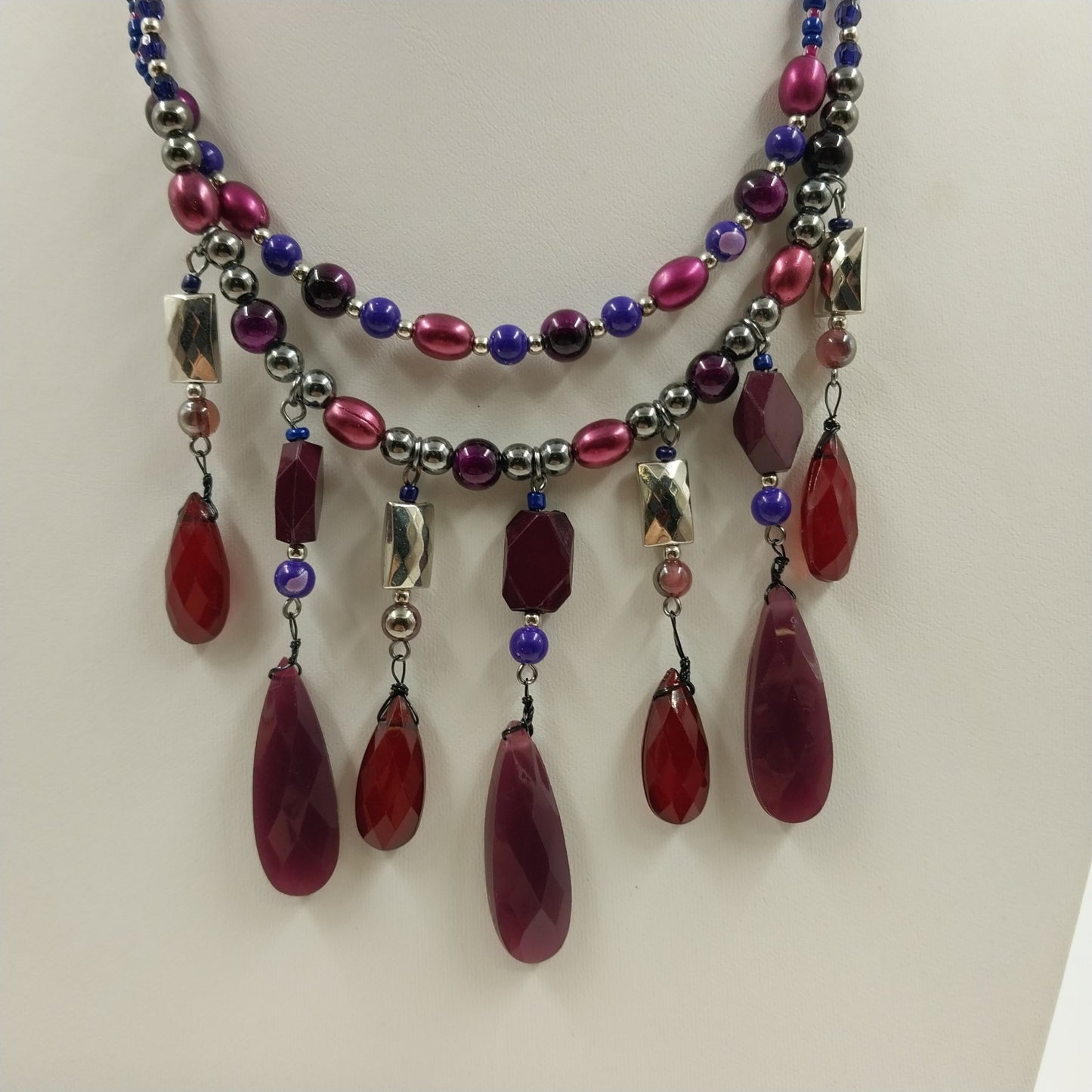 Catherines Red Quarts Dangles Navy Pink Silver Tone Beads Double Strand Necklace
