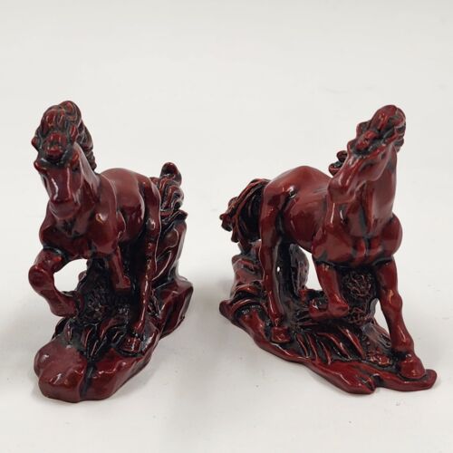 8 Horse Set Qing Feng Chinese Molded Red Resin Horses Sculpture Figurines 3"