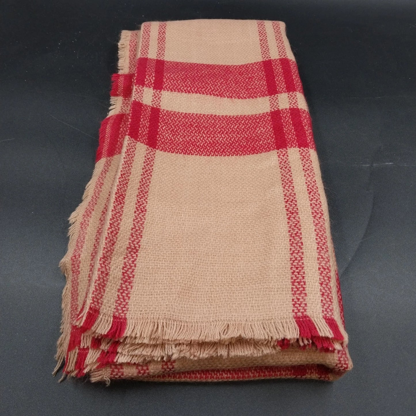 Beige Red Plaid Wool Rectangle Scarf 72"x32" Tartan Fringe Wrap Shawl Neckwarmer