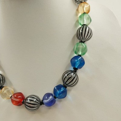 Multicolor Large Glass Beaded Necklace Clear Chunky Beads 9.5" Toggle Clasp