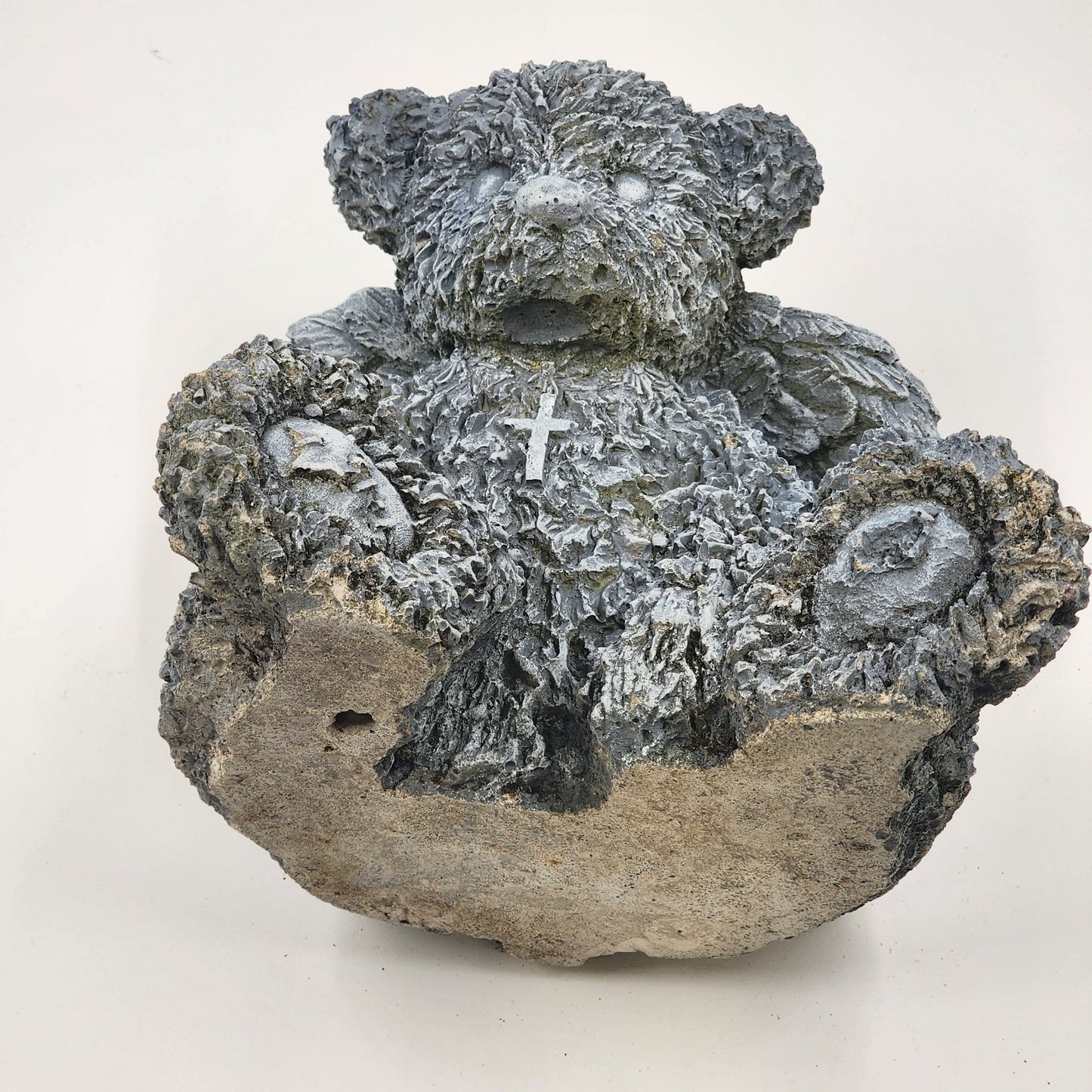 Angel Bear Gray Concrete Stone Statue Seated Halo Wings Cross Garden Decoration