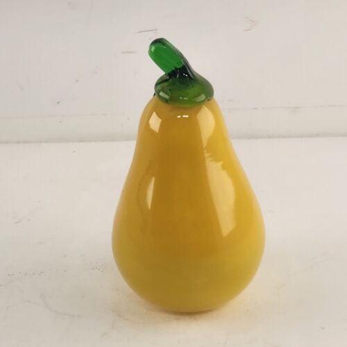 Art Glass Yellow Pear Green Stem Hand Crafted Decorative Vegetable 4.75" Tall