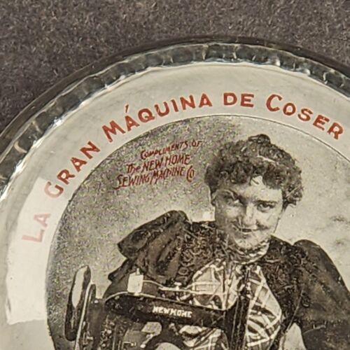 La New Home Sewing Machines Domed Glass Advertising Paperweight 3.5" Vintage