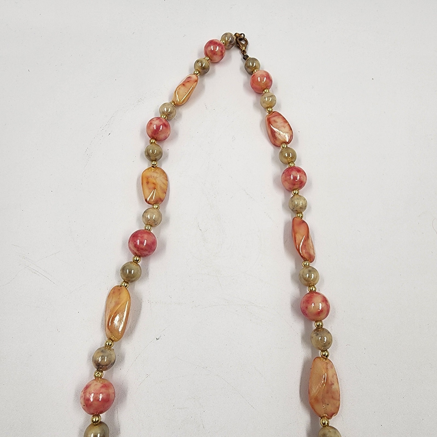 Shiny Pink Orange Peach Tone Faux Pearl Bead Acrylic Long Statement Necklace 14"