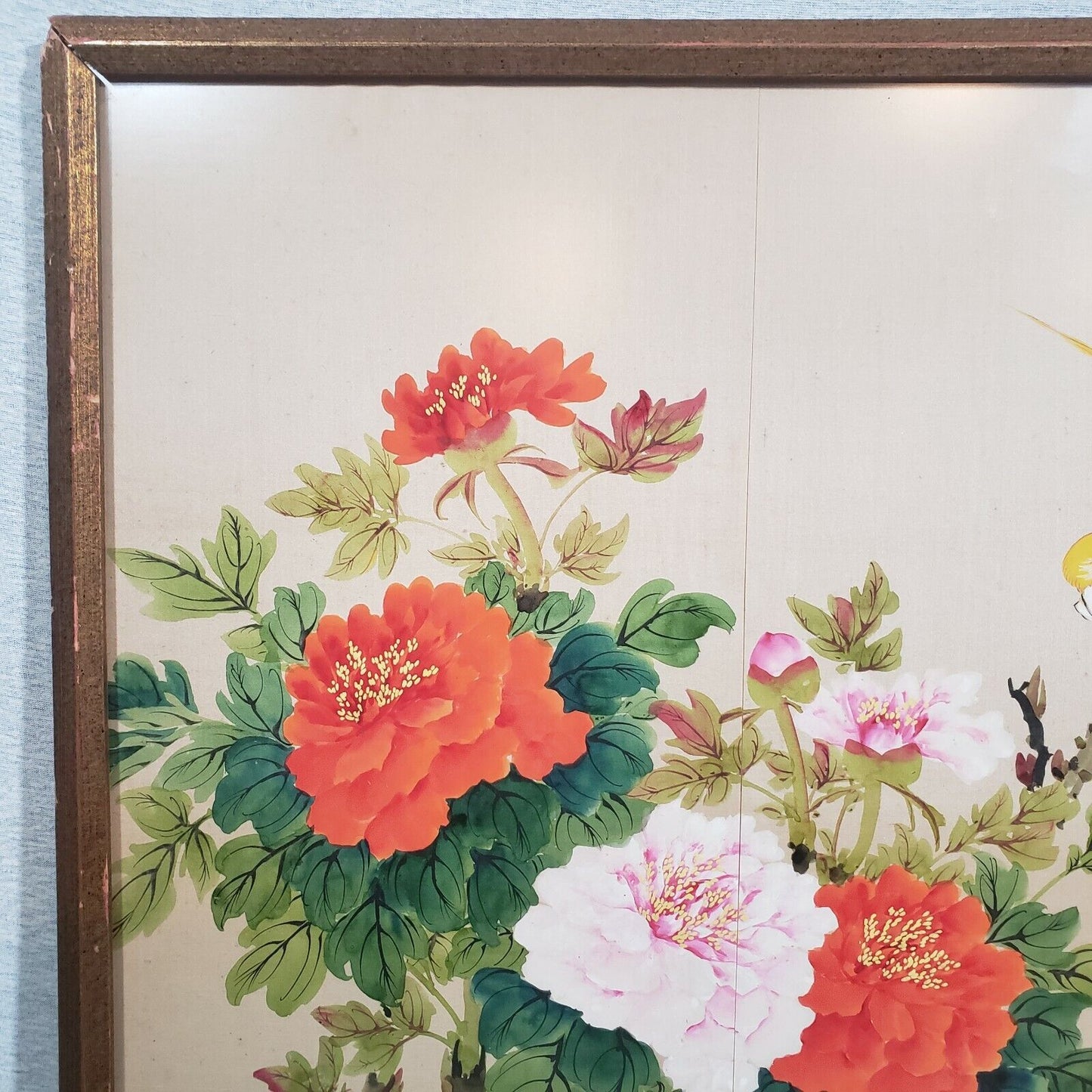 Chinese Wall Art Colorful Birds on Peony Bush with Chinese Prayer 31"x25"