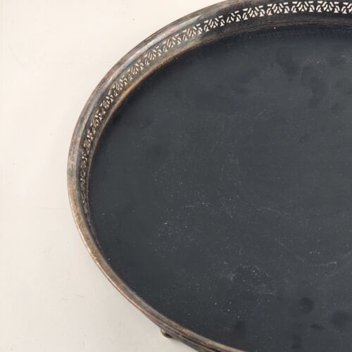 Reticulated Round Cocktail Serving Tray Black Formica Silver Plated 10.5" Vtg
