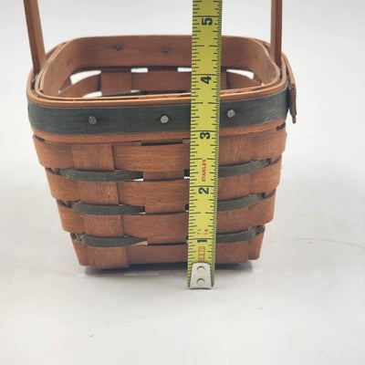 Longaberger Handwoven Basket Green Stripes Vintage 1993 Wood Handle 7"x5"
