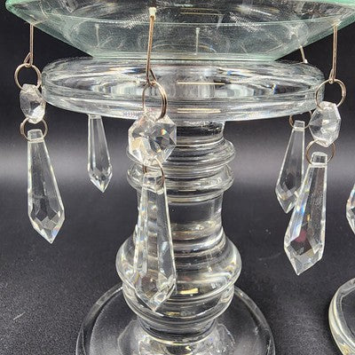 Set of 2 Heavy Crystal Glass Candle Holders Bobeche Pedestal Pendalogues Accents
