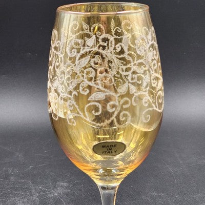 4 Etched 16oz Goblet Wine Glass 10" Cristelleria Fratelli Fumo Iridescent Amber